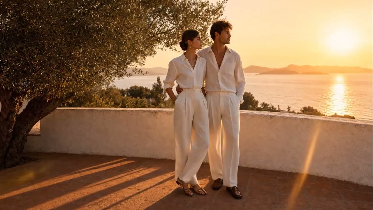 Couple on cliff terrace at sunset