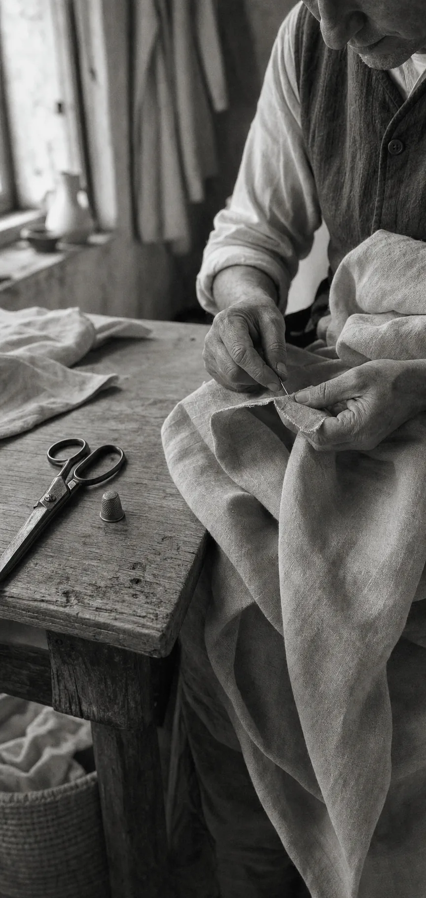 Craftsperson hand-finishing a linen hem in the atelier.