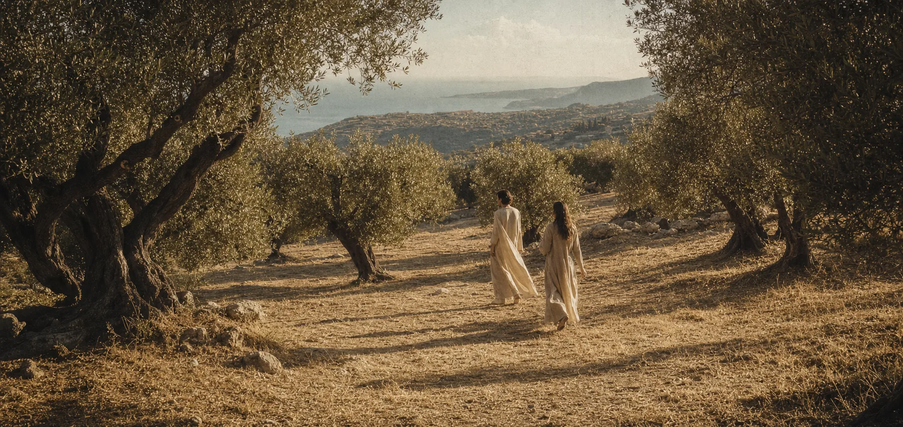 Two models in flowing linen ensembles walking through a Mediterranean olive grove at golden hour.