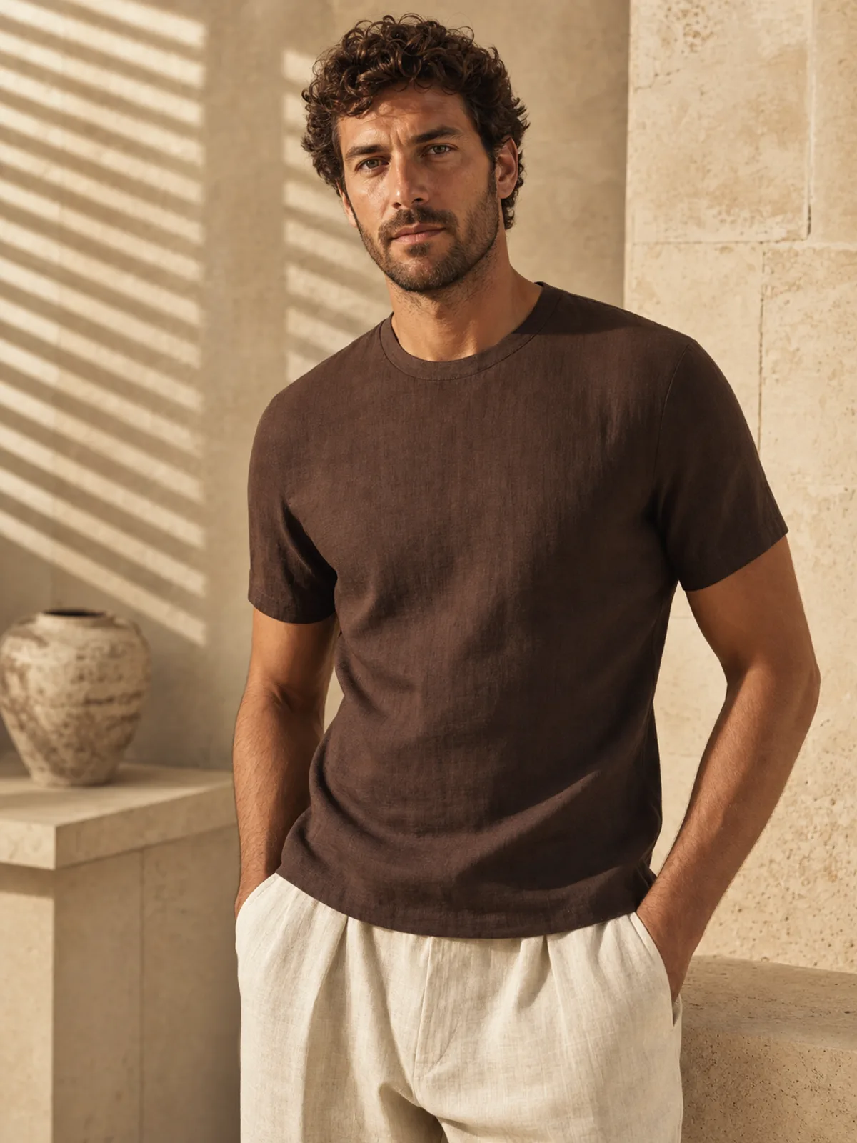 The Linen Tee in Coffee Brown, on a man