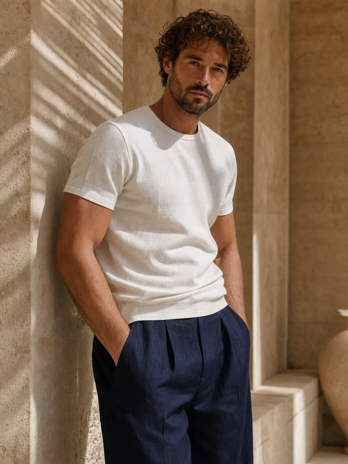 The Linen Tee in Ivory White, on a man