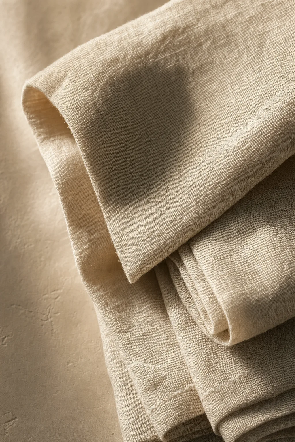 Close-up of pure 100% flax linen fabric showing honest natural weave.