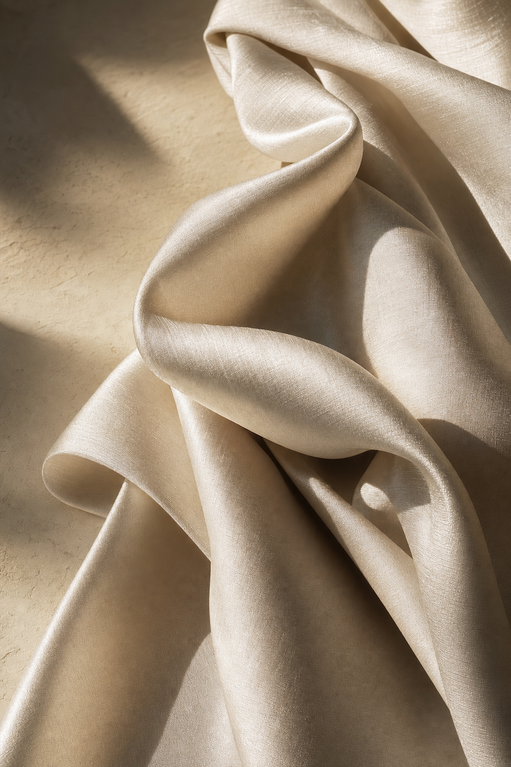 Close-up of Ramie and Tencel blend fabric showing luminous pearl drape.