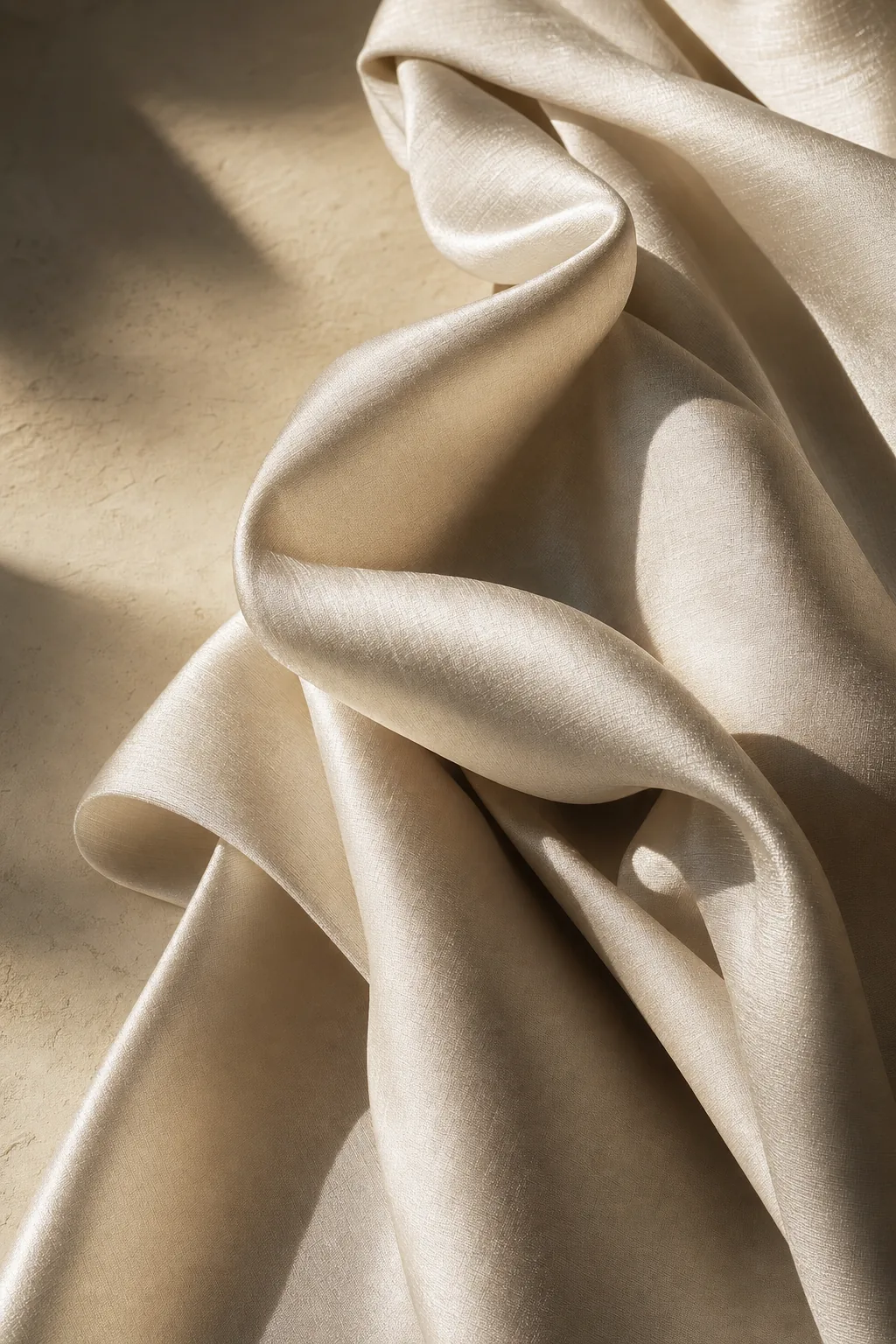 Close-up of Ramie and Tencel blend fabric showing luminous pearl drape.