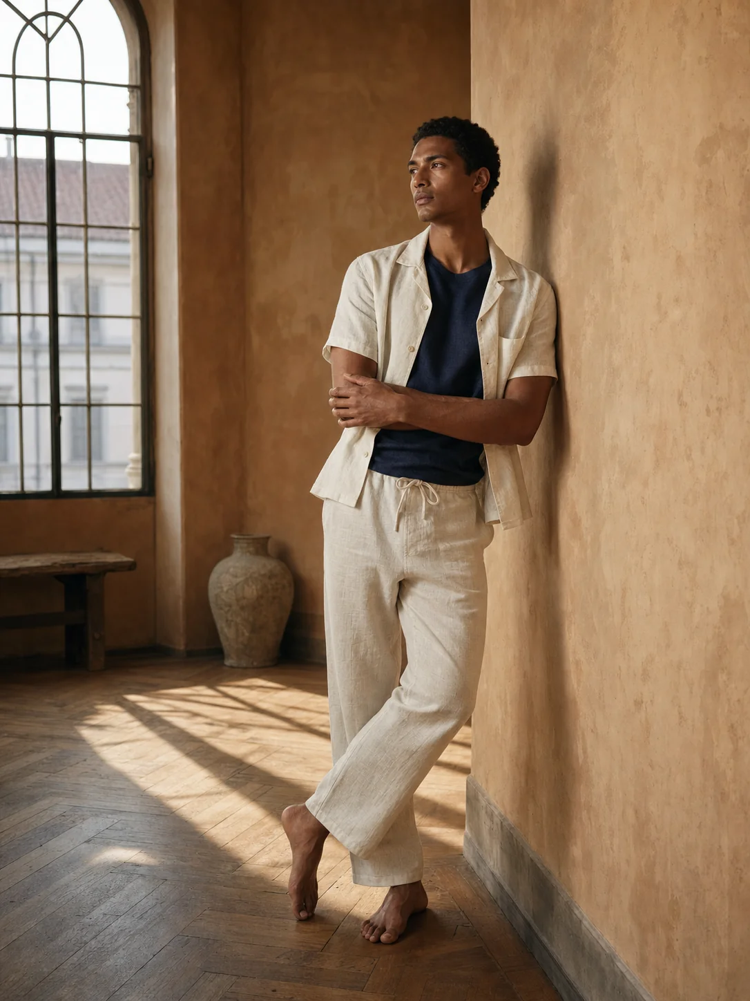 Regatta — Men's Casual linen set: Navy tee, Ivory pant, Ivory camp shirt over