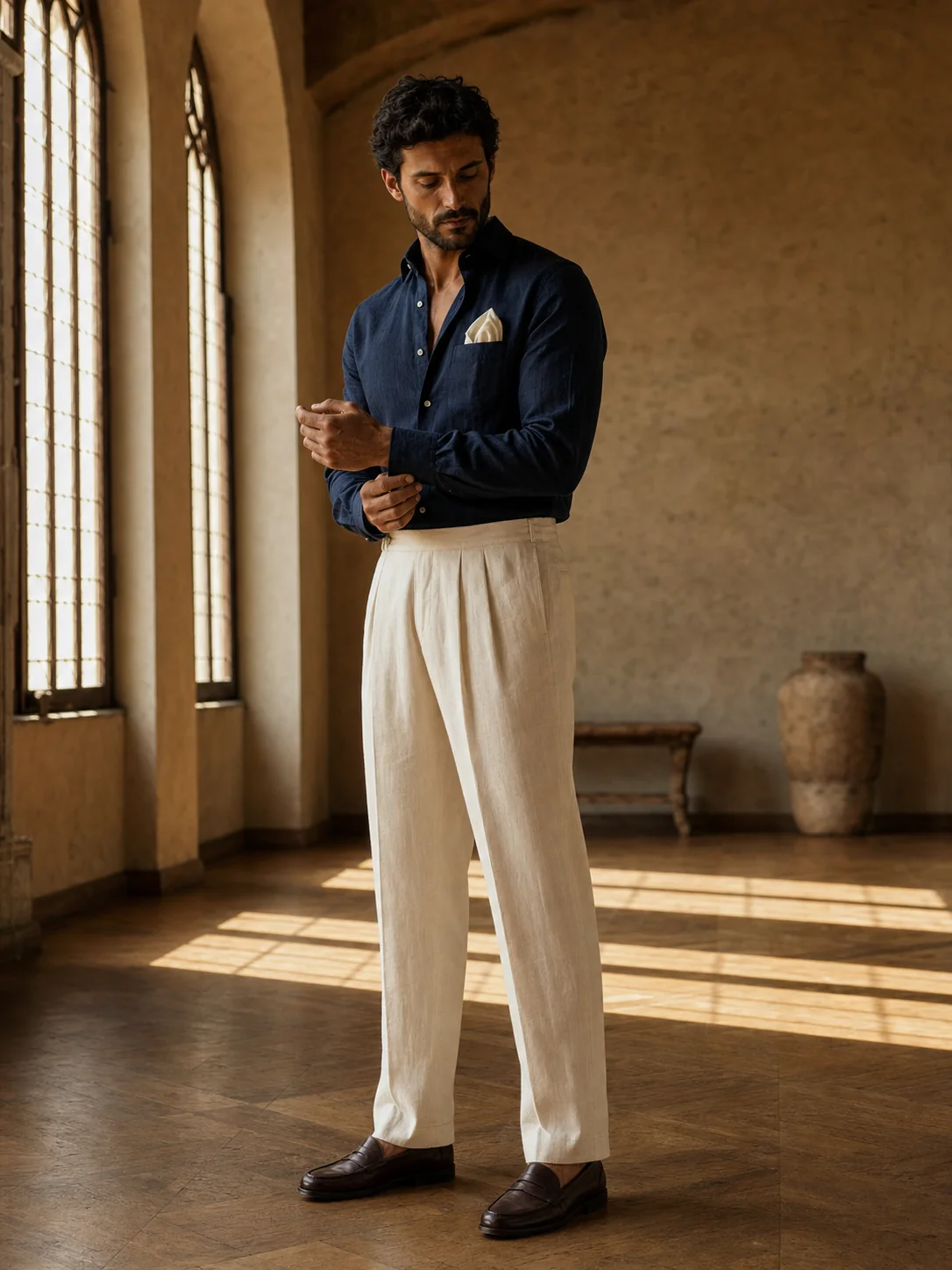 Regent — Men's Tailored linen set: Navy shirt, Ivory trouser, Ivory pocket square