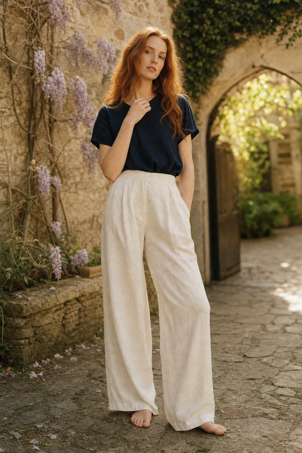 Meridian — Women's Casual linen set: Navy tee, Ivory wide-leg