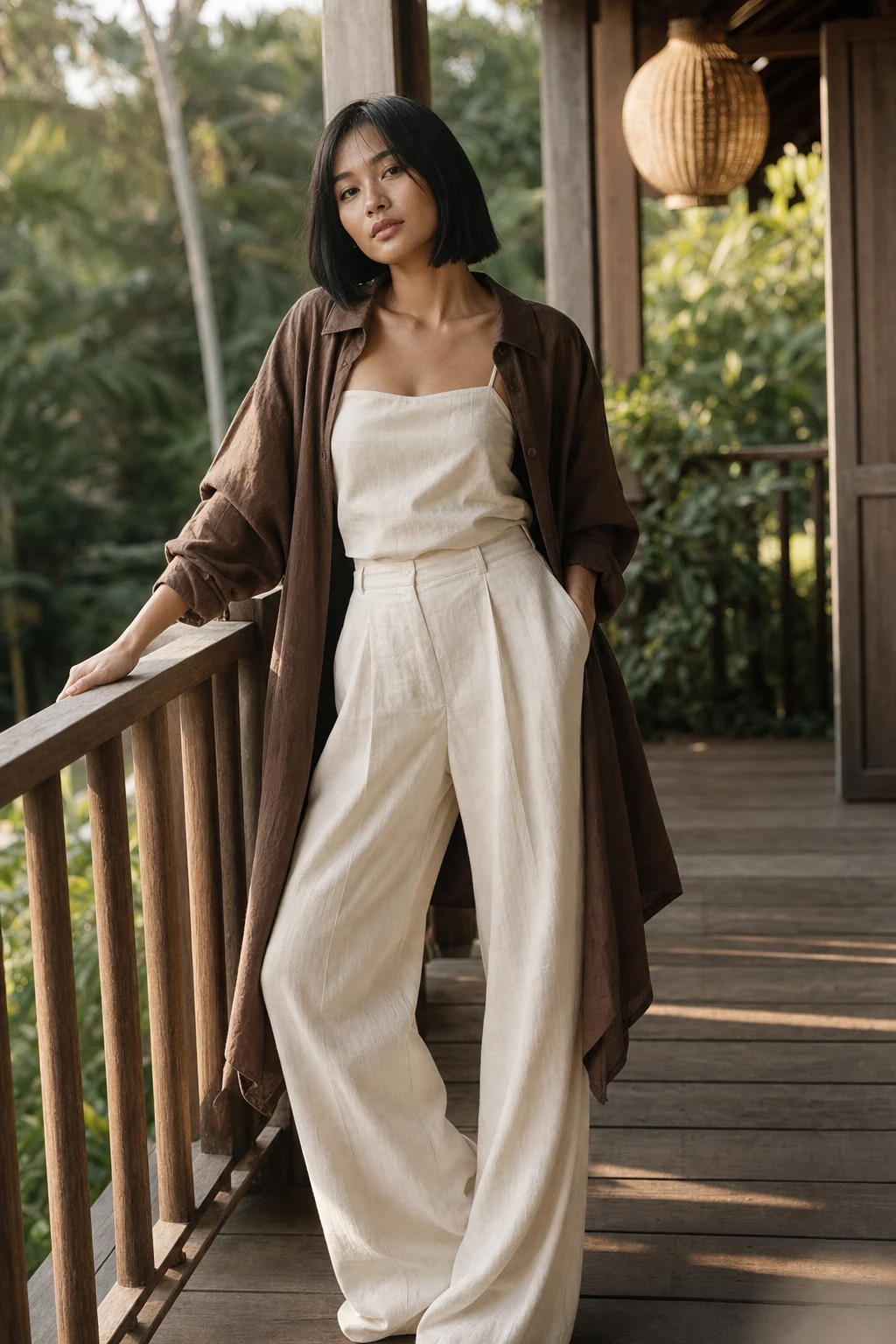 Verandah — Women's Casual linen set: Coffee open shirt, Ivory cami, Ivory wide-leg