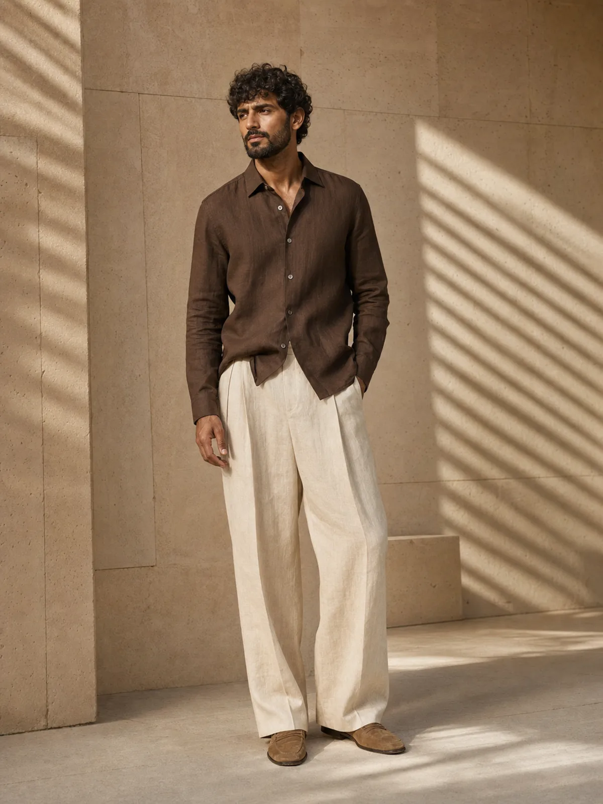 The Tailored Linen Shirt in Coffee Brown, on a man
