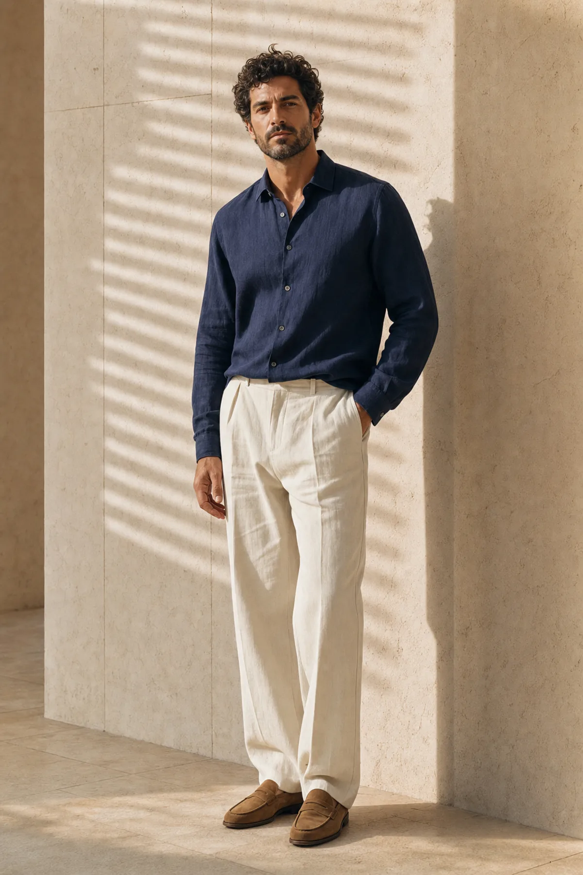 The Tailored Linen Shirt in Deep Navy, on a man