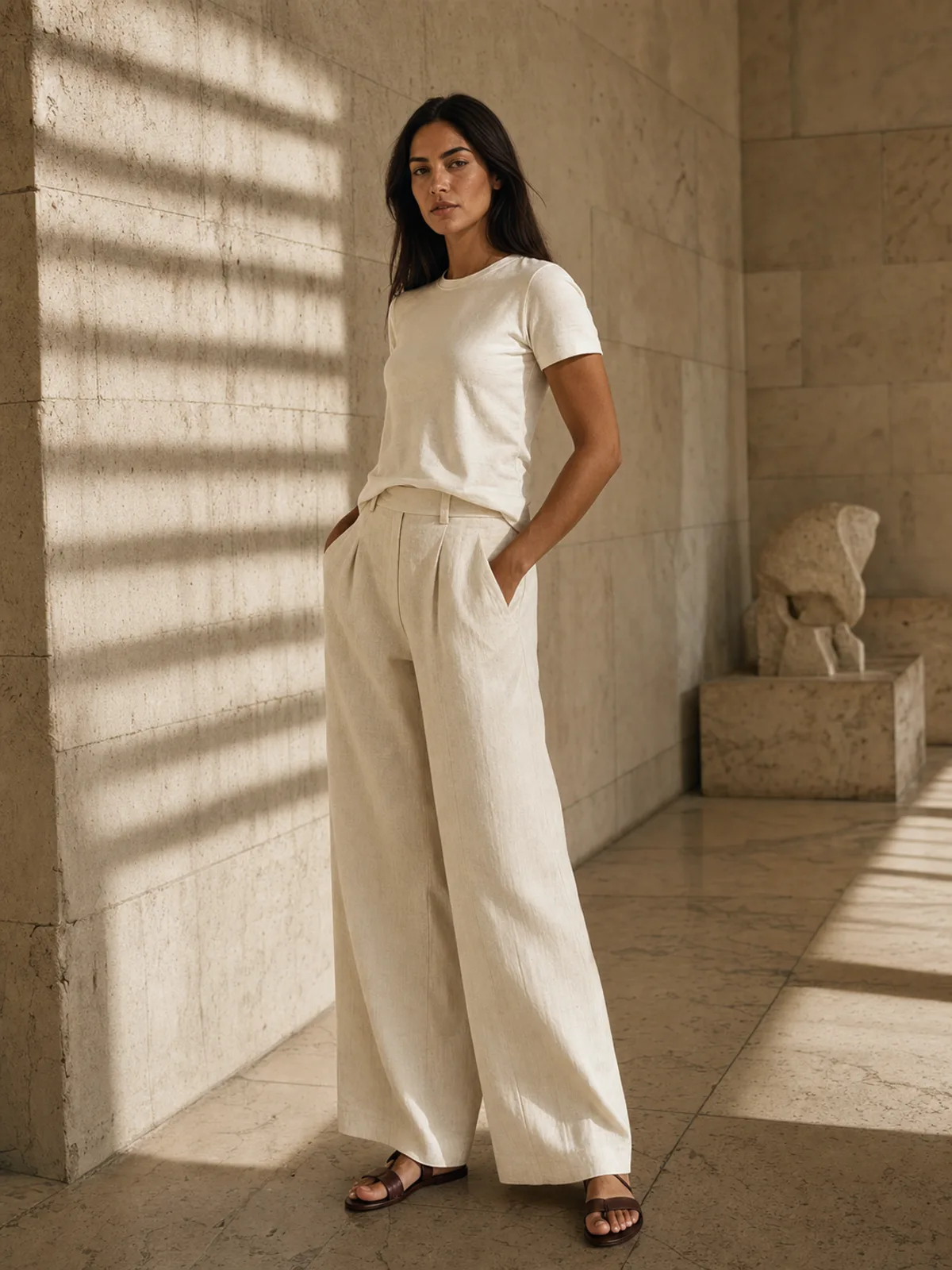 The Linen Tee in Ivory White, on a woman