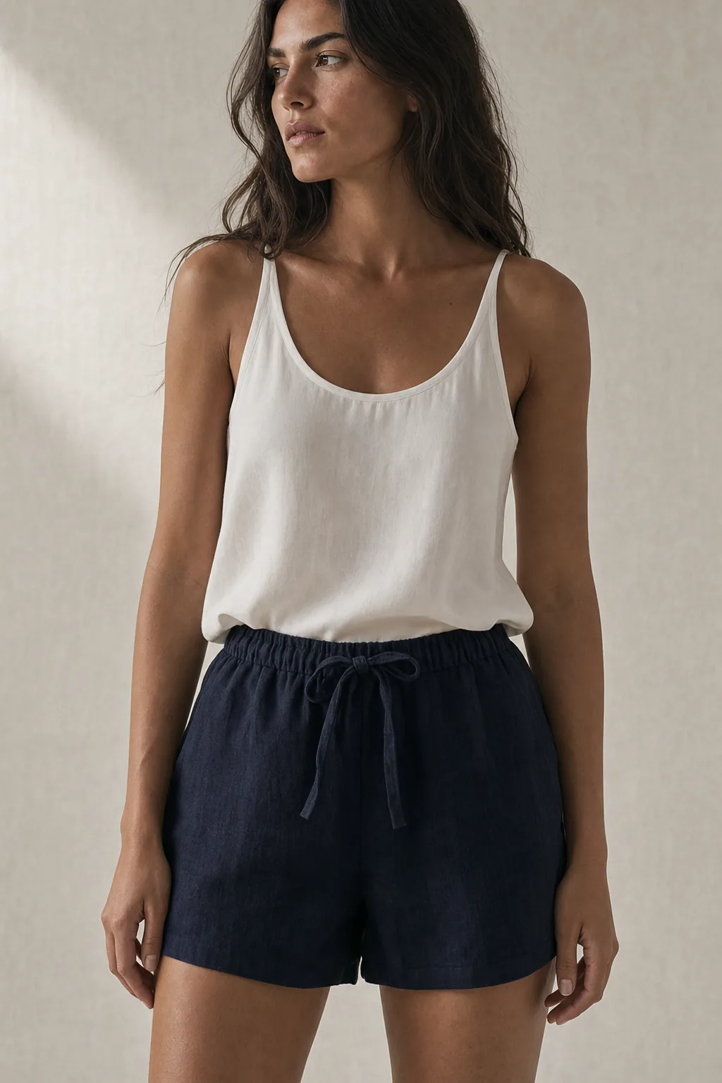 The Drawstring Linen Short in Deep Navy, on a woman
