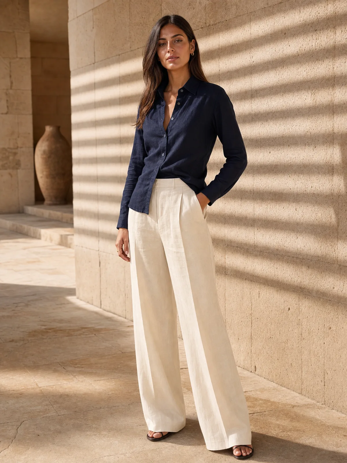 The Tailored Linen Shirt in Deep Navy, on a woman