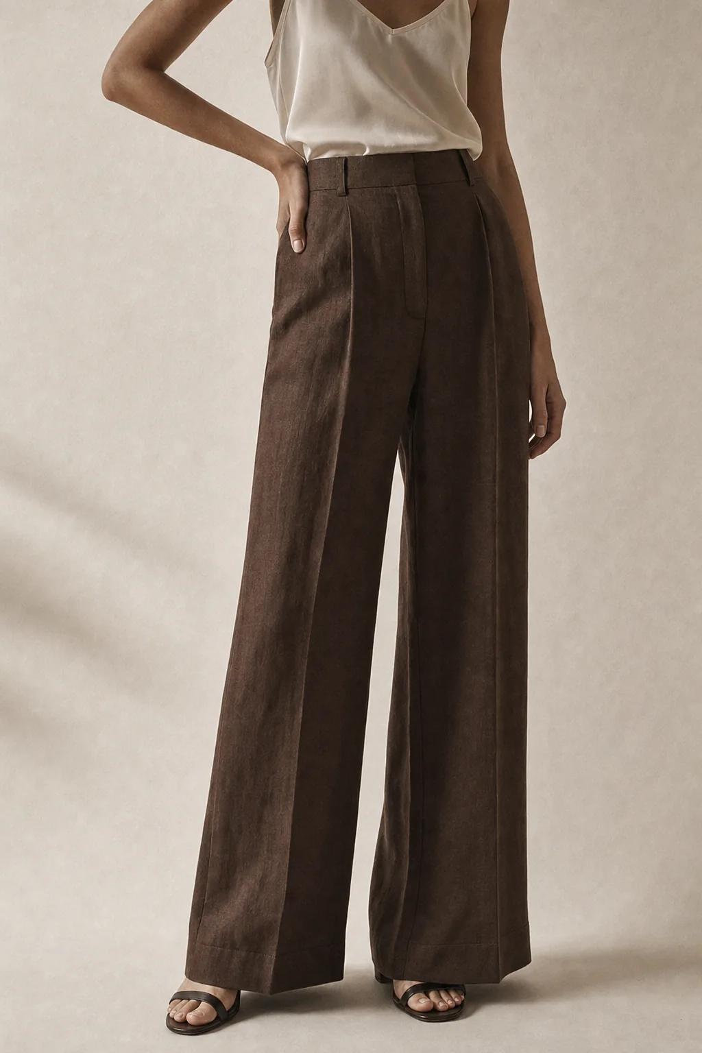 The Tailored Linen Trouser in Coffee Brown, on a woman