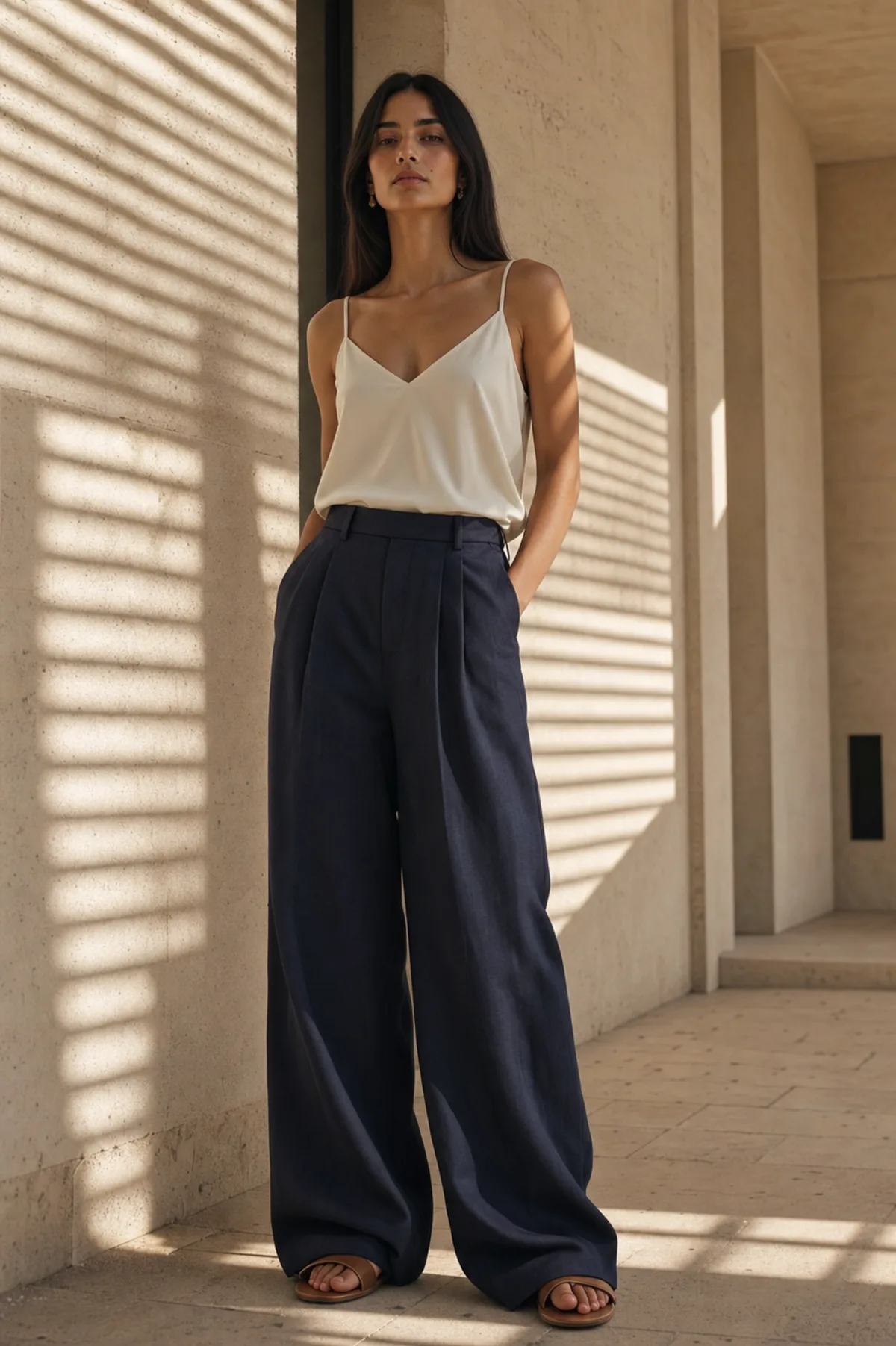 The Tailored Linen Trouser in Deep Navy, on a woman