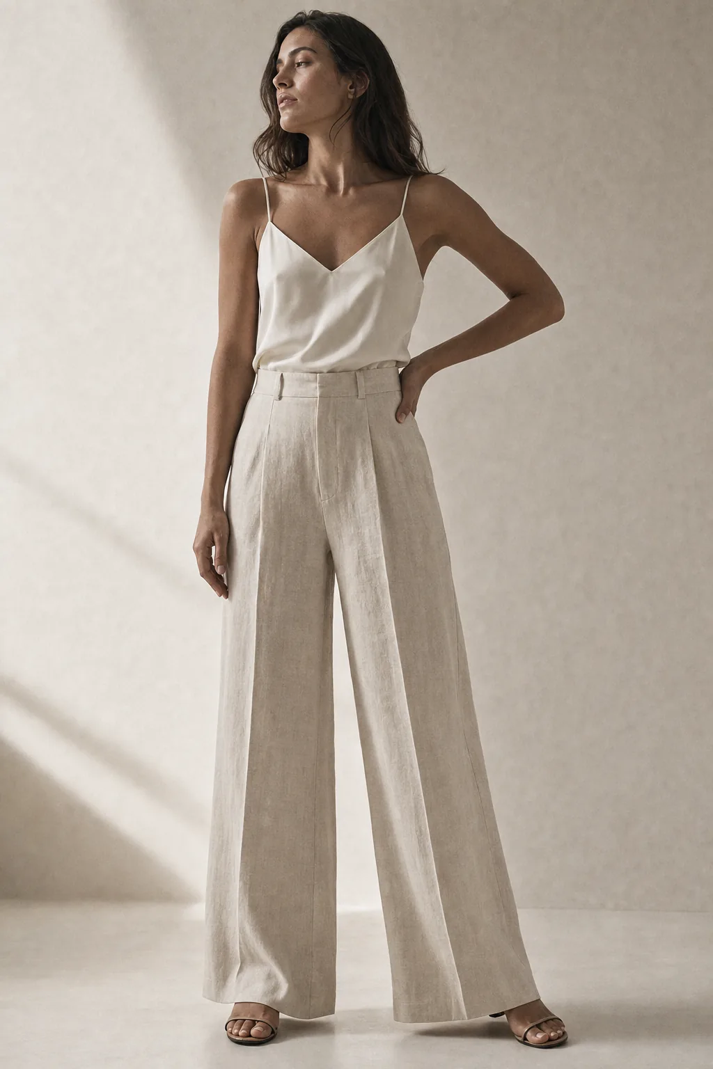 The Tailored Linen Trouser in Ivory White, on a woman